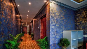 A hallway with patterned walls, wooden flooring, and potted plants. - Hotel Eyokar Goa (Candolim)