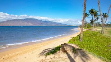 Beach nearby, white sand, sun loungers, beach umbrellas
