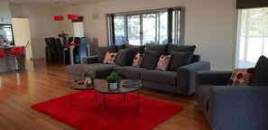 Smart TV, chimenea, reproductor de DVD y biblioteca musical 