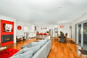 Smart TV, fireplace, DVD player, music library