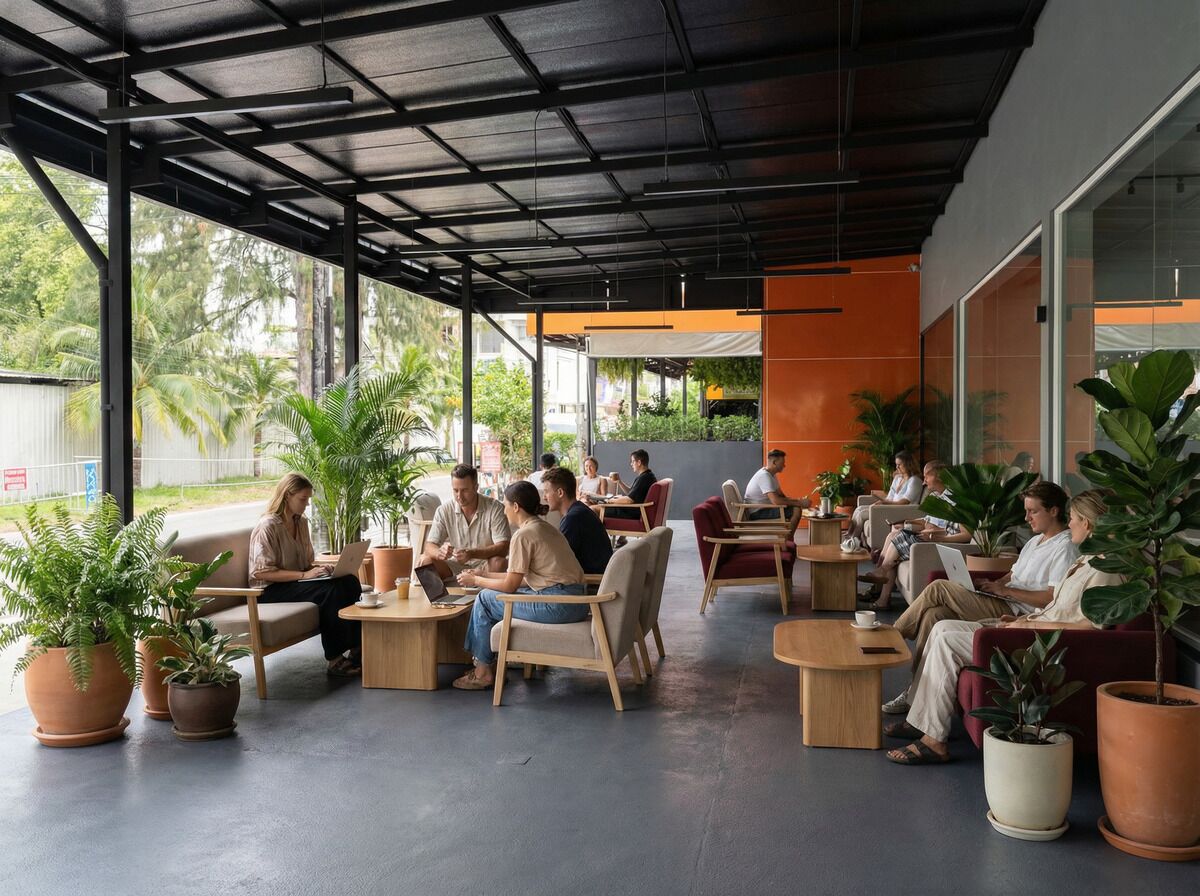 Un'area salotto interna moderna con piante in vaso, arredi in legno e ampie finestre.