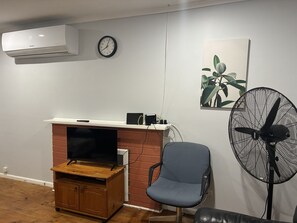 Een woonkamer met een schouw van baksteen, een televisie, een klok, een ventilator en een plant.