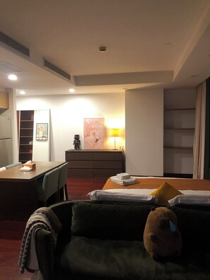 Superior-Apartment, Flussblick | Verdunkelungsvorhänge, Bügeleisen/Bügelbrett, kostenloses WLAN