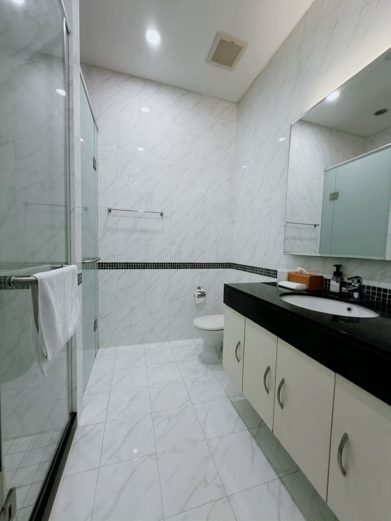 A modern bathroom with a glass shower enclosure, a white toilet, and a black countertop sink.