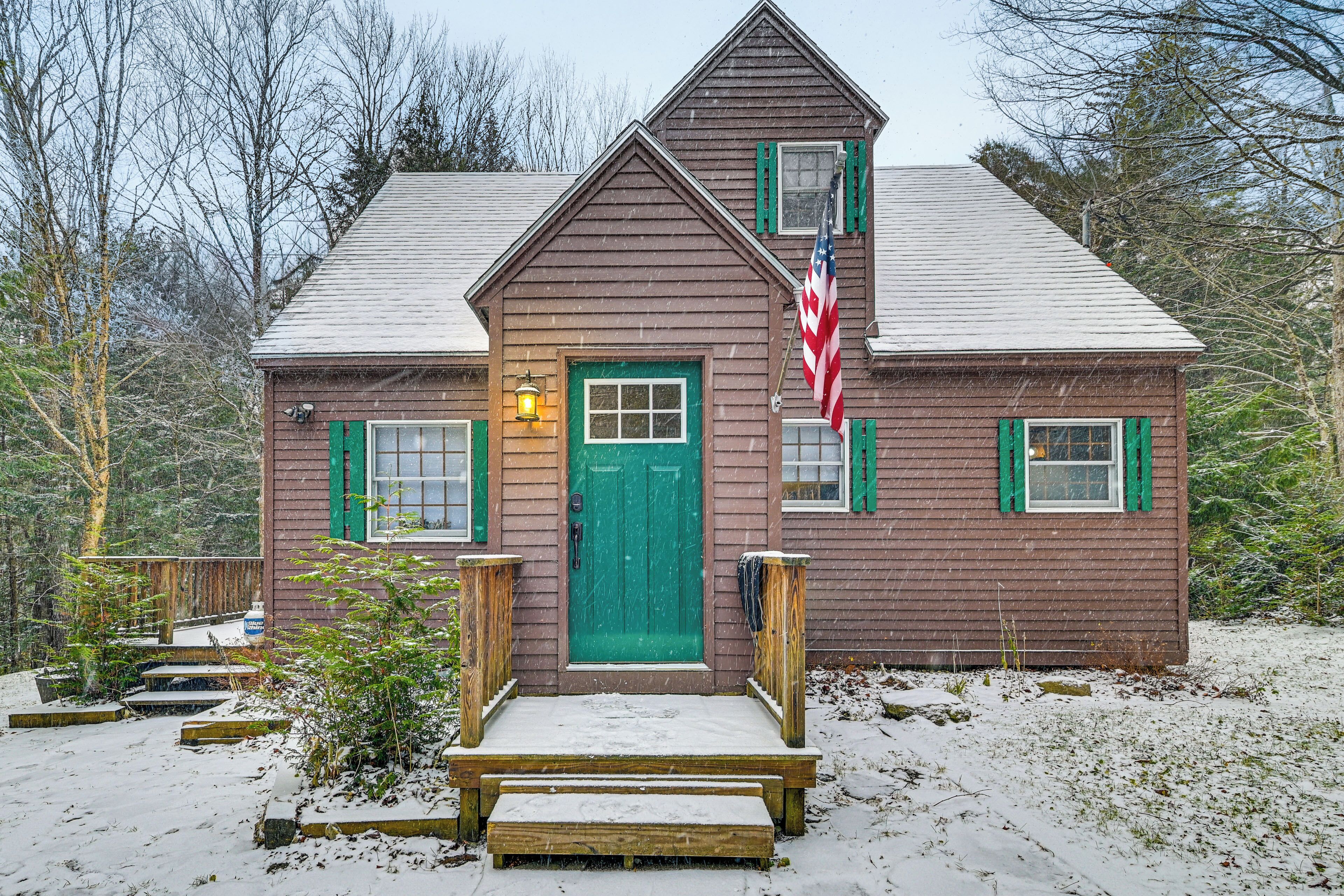 A wooden cabin with a green door, a small porch, and an American flag.
