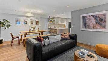 TV, fireplace, books