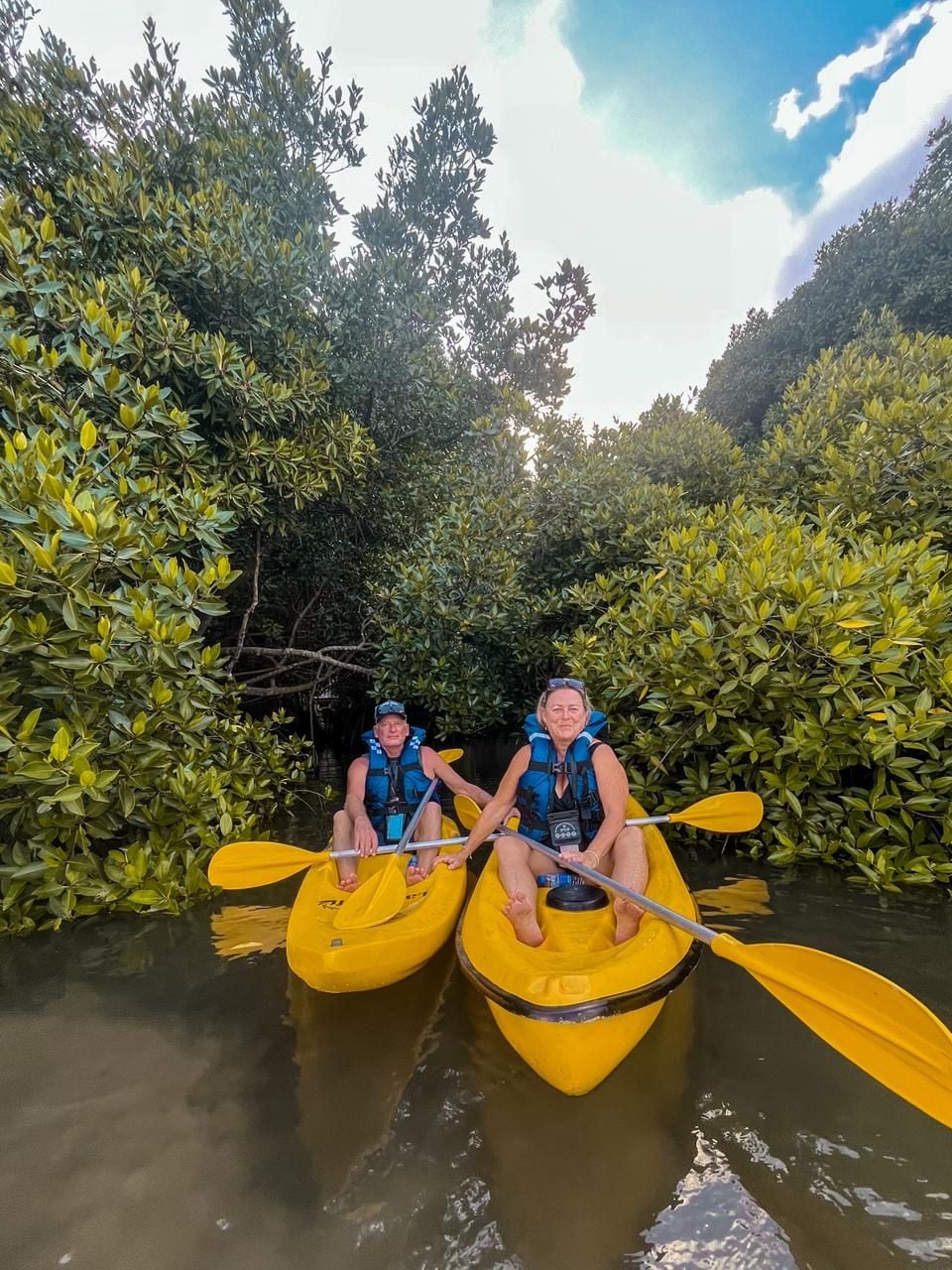 Two people in yellow kayaks paddling through a waterway surrounded by dense greenery.