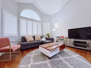 Smart TV, fireplace, table football, books