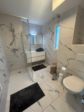 Dusche, Haartrockner, Handtücher, Seife