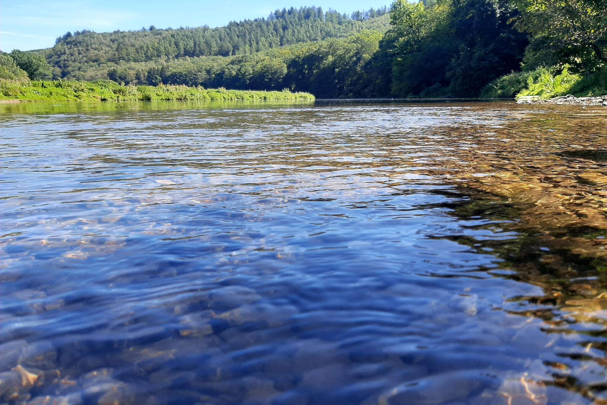 Une rivière aux eaux claires, bordée de collines boisées.
