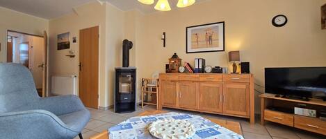 Una televisión, una chimenea, un reproductor de DVD