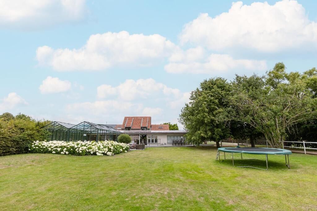 Una casa amb un hivernacle, un trampolí i un jardí ple de flors blanques.