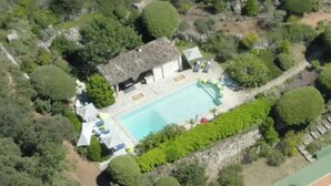 An aerial view of a property with a swimming pool, tennis court, and lush greenery. - 6-hectare estate classified as a Grand Site de France concors Sainte Victoire (Jouques)