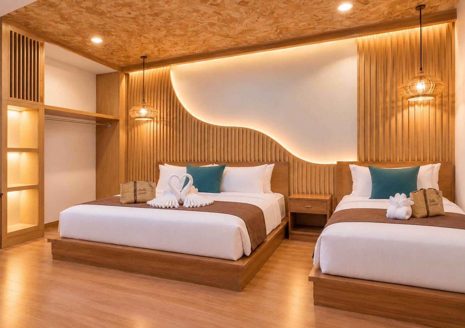 A hotel room with two beds, wooden headboards, and a unique ceiling design.