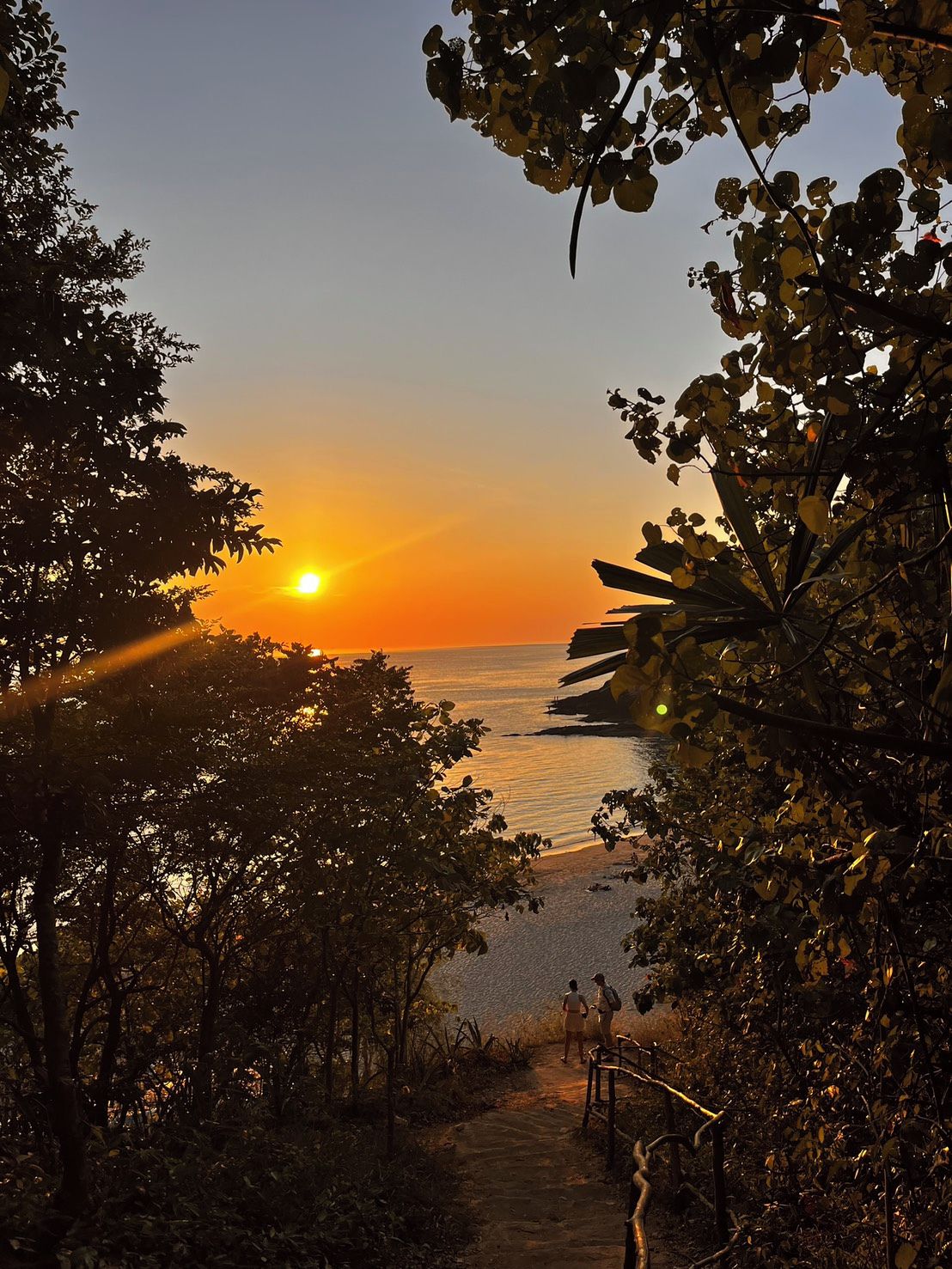 A pathway leading to a beach with a sunset in the background.