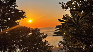 A pathway leading to a beach with a sunset in the background.