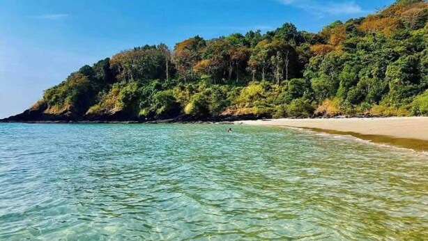 Uma praia com águas cristalinas e um morro coberto de vegetação.