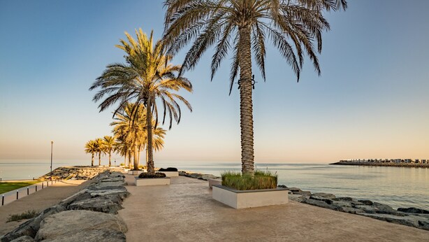 A coastal walkway lined with palm trees and a view of the sea. - 3BR Family Residence w/ Distant Sea View and Assistant Room, Near to Beach (Fujairah)