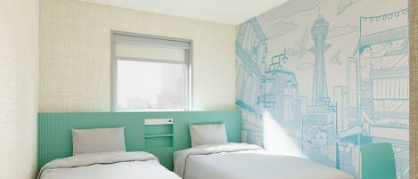 A hotel room with two beds, a window, a wall mural, and a chair.