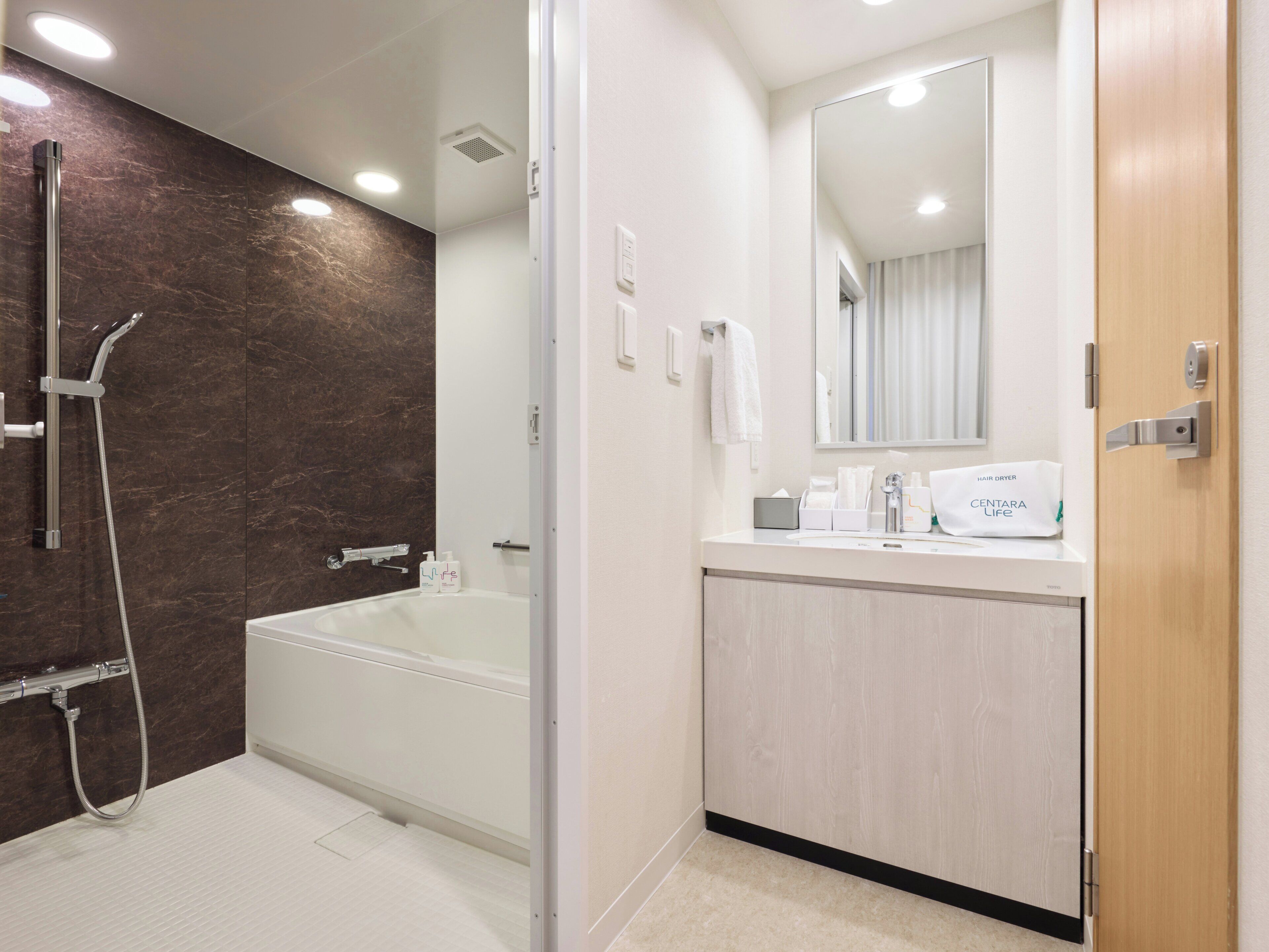 A modern bathroom with a bathtub, a shower, and a vanity with a mirror.