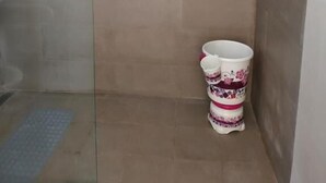 A bathroom with a glass shower enclosure, a toilet with a floral pattern, and a towel rack. - Abhushan Mahal (Degana)