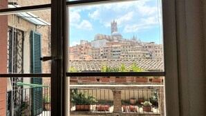 A balcony with potted plants and a view of a historic building with a dome and spires. - CAMPOREGIO 31 - in the center with a view of the Duomo (Siena)