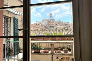 A balcony with potted plants and a view of a historic building with a dome and spires. - CAMPOREGIO 31 - in the center with a view of the Duomo (Siena)