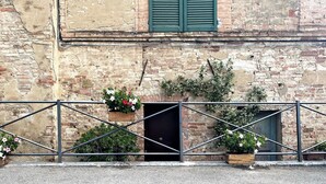 A weathered brick building with a metal gate and potted plants. - CAMPOREGIO 31 - in the center with a view of the Duomo (Siena)