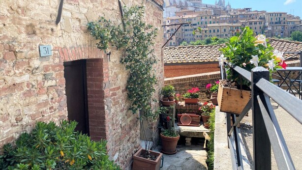 A narrow alleyway with a brick wall, a small door, and potted plants. - CAMPOREGIO 31 - in the center with a view of the Duomo (Siena)