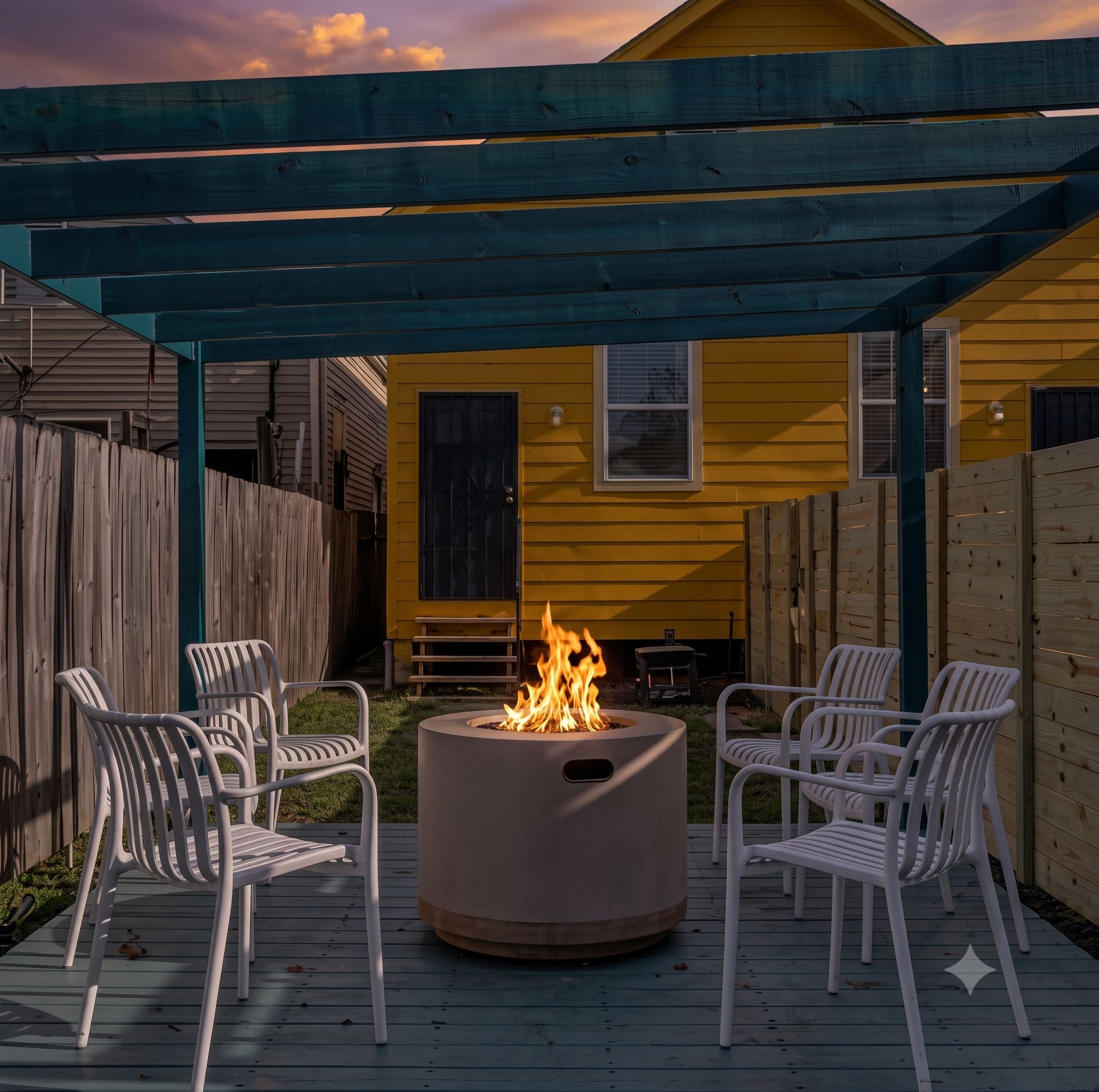 Shaded outdoor patio w/ a dining table — great for al fresco meals or morning coffee.
