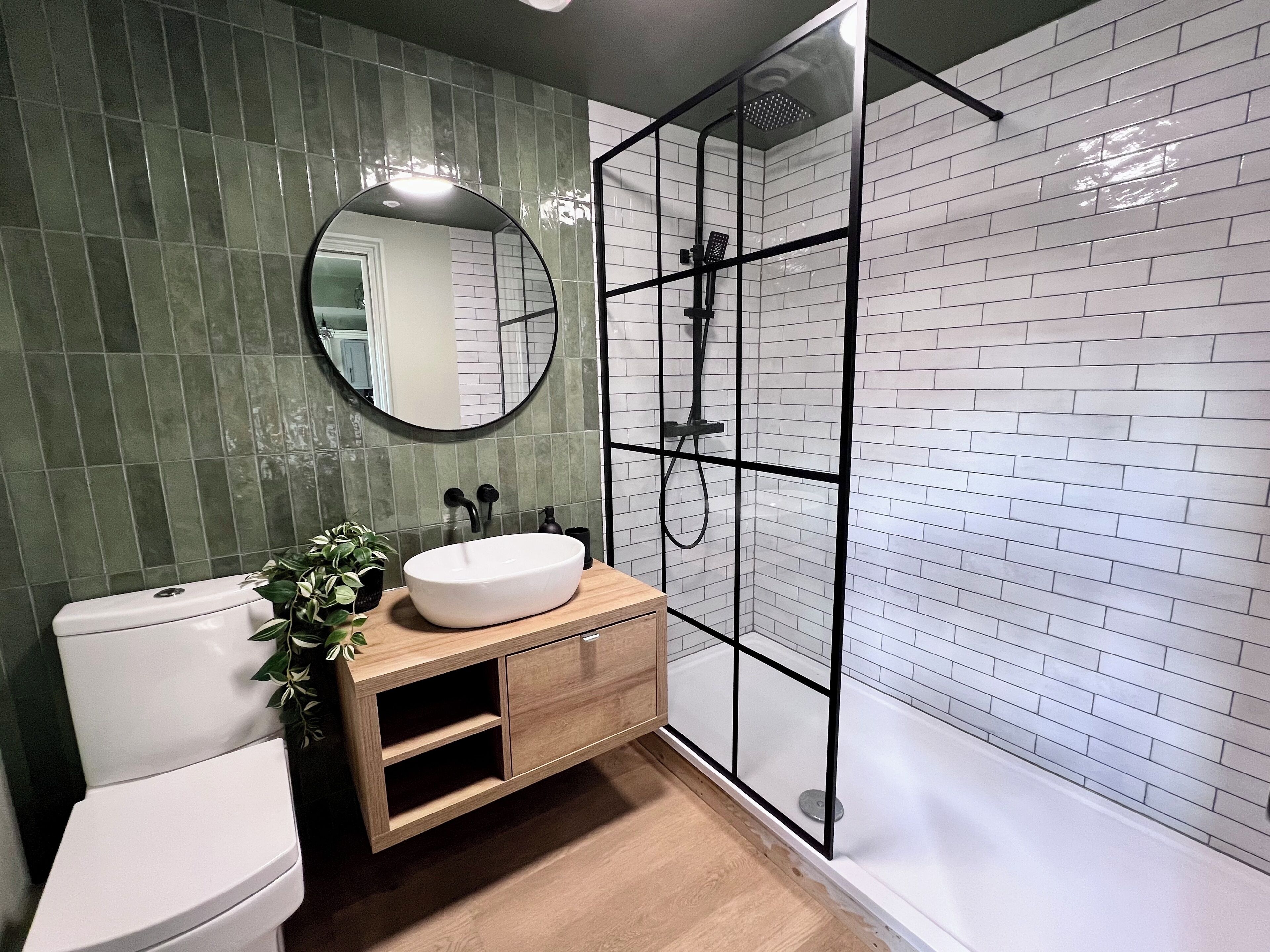 Shower, hair dryer, towels, toilet paper