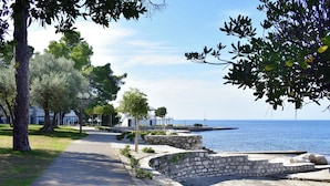 A coastal walkway with stone walls, trees, and a view of the sea. - Holiday Home With Garden and BBQ in Umag (Umag)