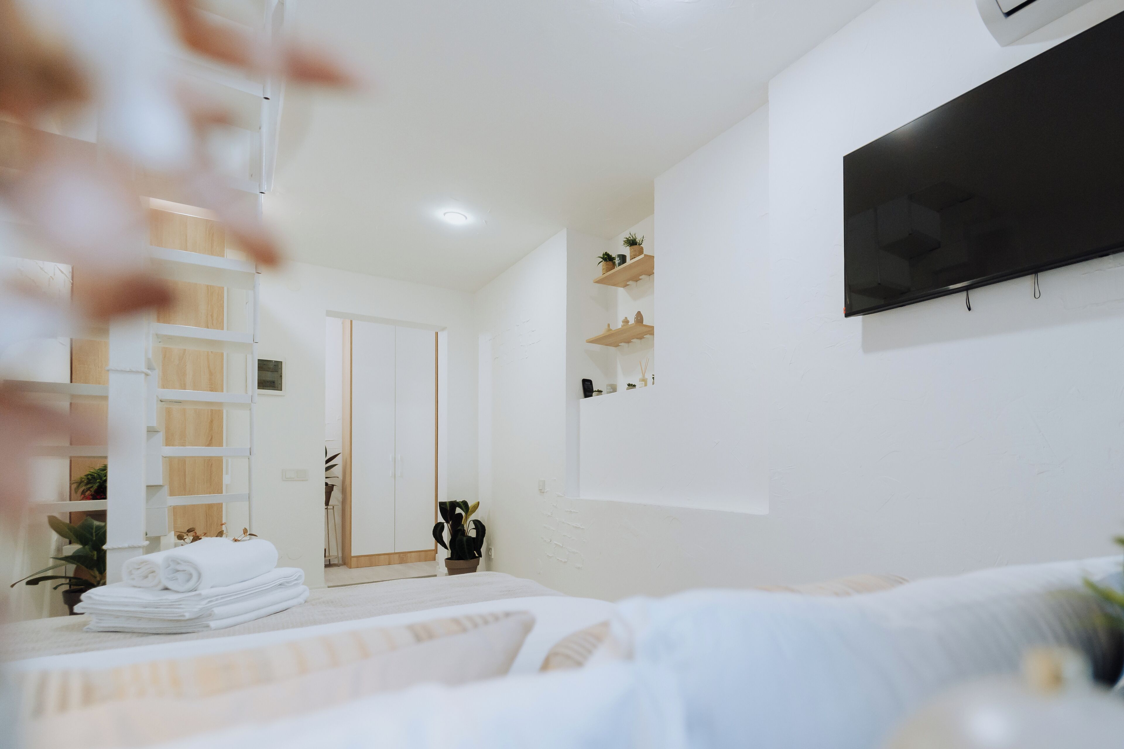 Un dormitorio moderno con una cama, un televisor fijado a la pared y un estante de madera con plantas.