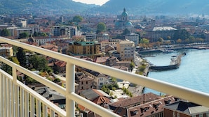 A cityscape with a prominent green-domed building, a river, and surrounding residential and commercial buildings. - Infinito (Como)