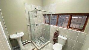 Un baño con ducha de mampara de vidrio, lavamanos, inodoro y ventana con vistas al exterior.