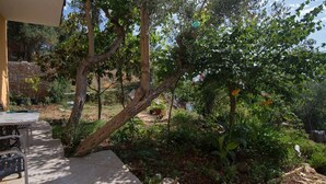A patio with a table and chairs, surrounded by greenery and trees.
