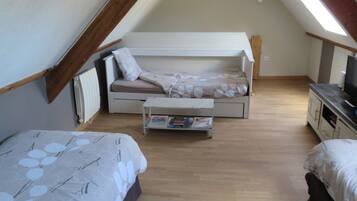 A small, cozy attic bedroom with a bunk bed, a single bed, a small table with books, and a television on a dresser.
