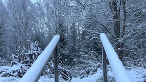 A snow-covered wooden staircase leading up a hill, surrounded by trees and bushes. - Attractive guesthouse with spacious garden and extra service in the middle of nature (Lysvik)