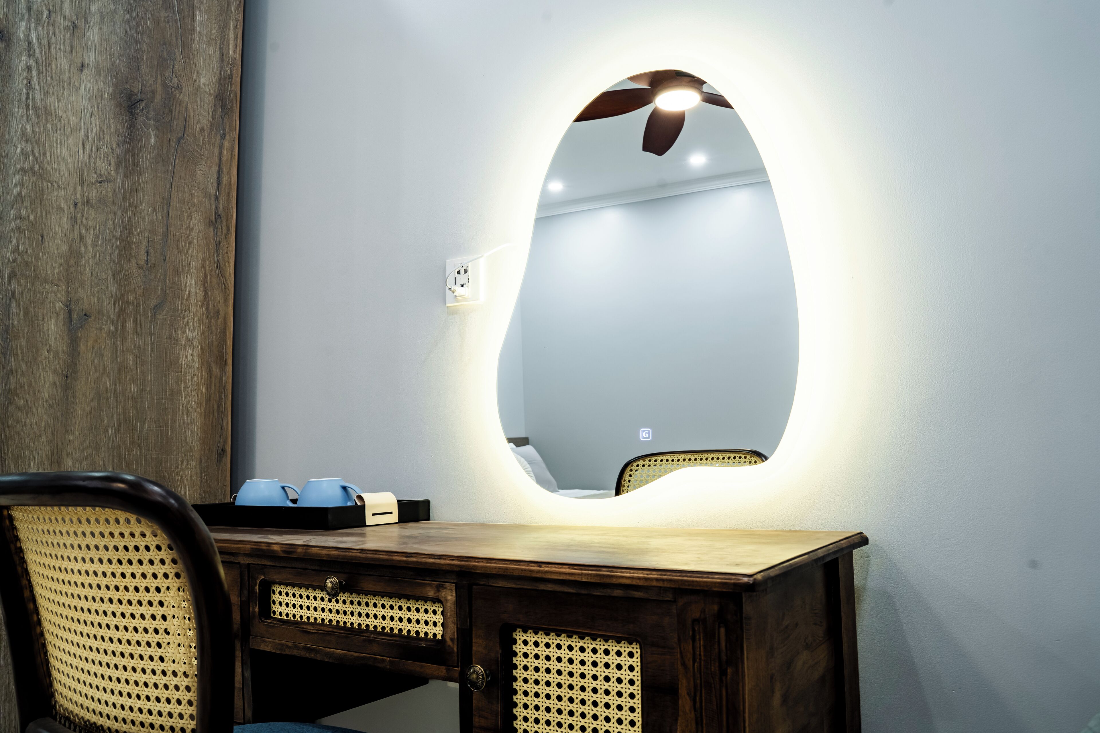 Desk, blackout drapes, soundproofing, iron/ironing board