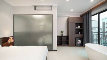 Desk, blackout curtains, soundproofing, iron/ironing board