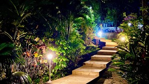Ein hölzerner Weg schlängelt sich durch einen Garten bei Nacht, umgeben von üppigem Grün und beleuchtet von kleinen Lichtern.
