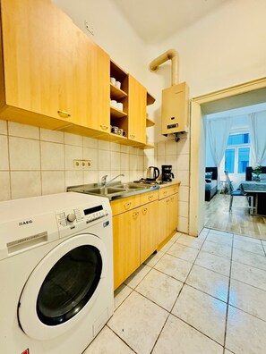 Basic Apartment | Private kitchen | Fridge, stovetop, cookware/dishes/utensils