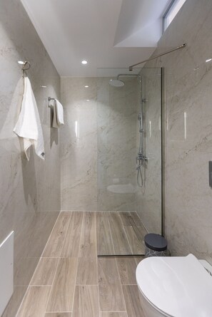 Ein modernes Badezimmer mit einer Duschkabine, einer Toilette und einer kleinen Mülltonne.