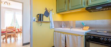 A kitchen with green cabinets, a stove, and a sink.