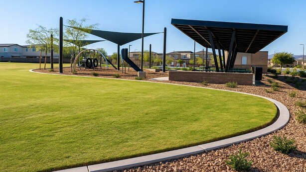 A well-maintained park with a curved walking path, playground equipment, and modern shelters. - BRAND NEW Comfy Guest House in a Great Location (Henderson)