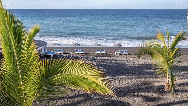 A beach with palm trees, a sandy shore, and a row of beach chairs and umbrellas. - Apartment 'Playa Delphin 302' with Sea View, Balcony and Wi-Fi (Puerto de Naos)