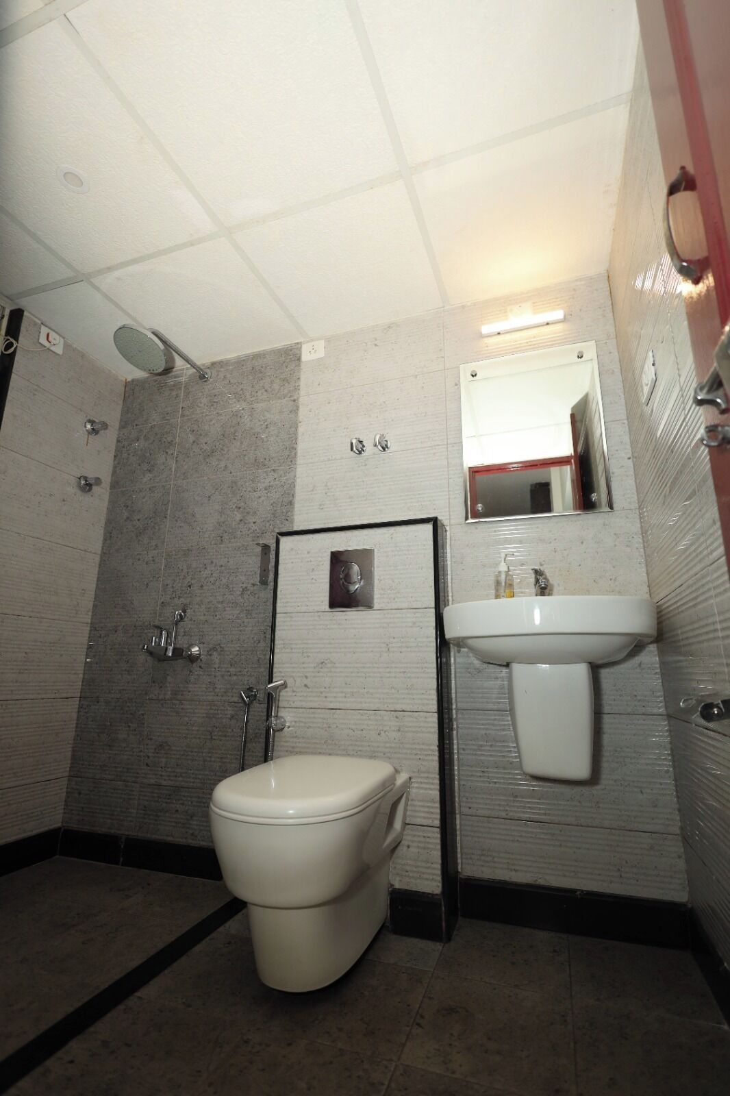 Een badkamer met toilet, wastafel, spiegel en douche.