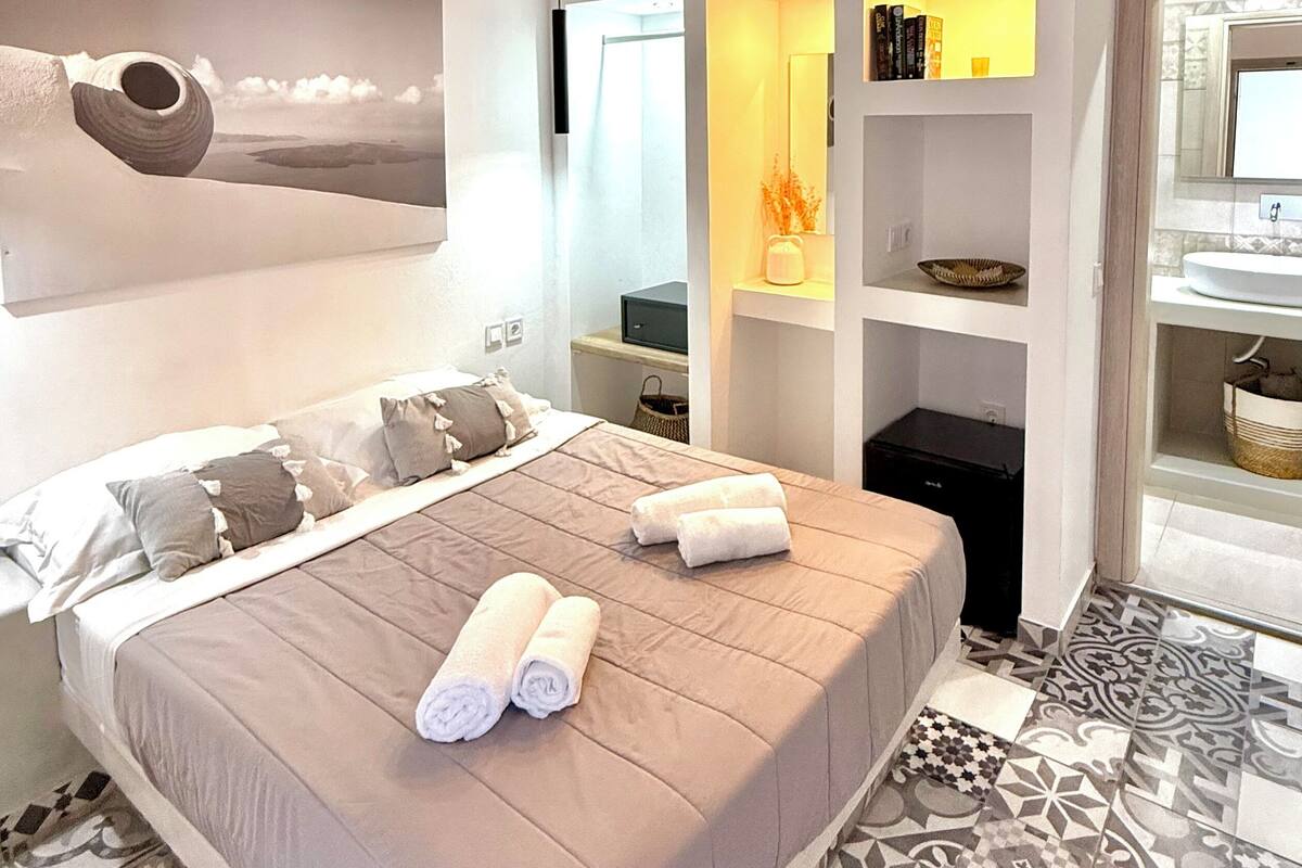 Une chambre à coucher moderne avec un grand lit, une télévision et une bibliothèque.