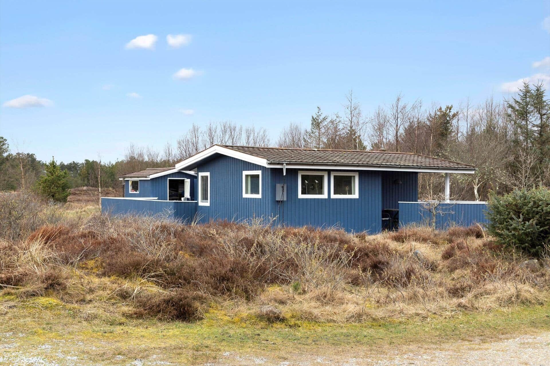 A single-story blue house with a sloped roof, surrounded by dry vegetation and trees.