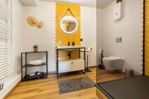 Shower, hair dryer, soap, toilet paper